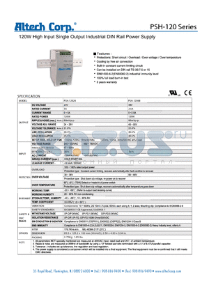 PSH-12024 datasheet - 120W High Input Single Output Industrial DIN Rail Power Supply