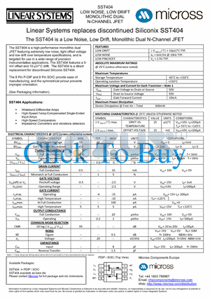 SST404_PDIP datasheet - Low Noise, Low Drift, Monolithic Dual N-Channel JFET