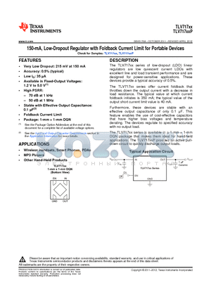 TLV71733PDQNT datasheet - 150-mA, Low-Dropout Regulator with Foldback Current Limit for Portable Devices