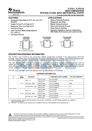 TLV7211 datasheet - CMOS COMPARATORS WITH RAIL-TO-RAIL INPUT AND PUSH-PULL OUTPUT