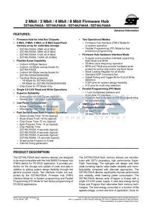 SST49LF003A-33-4C-NH datasheet - 2 Mbit / 3 Mbit / 4 Mbit / 8 Mbit Firmware Hub