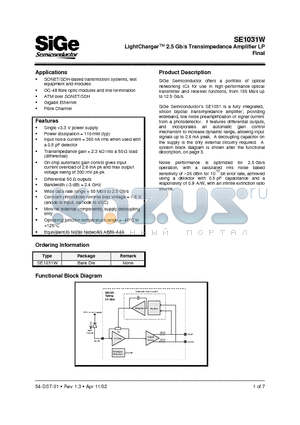 SE1031W datasheet - LightCharger 2.5 Gb/s Transimpedance Amplifier LP Final