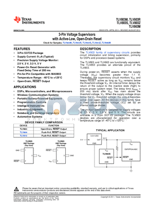 TLV803M datasheet - 3-Pin Voltage Supervisors with Active-Low, Open-Drain Reset