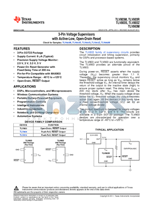 TLV803MDBZT datasheet - 3-Pin Voltage Supervisors with Active-Low, Open-Drain Reset