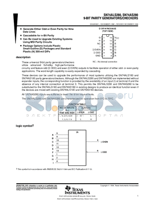 SN74AS280 datasheet - 9-BIT PARITY GENERATORS/CHECKETS