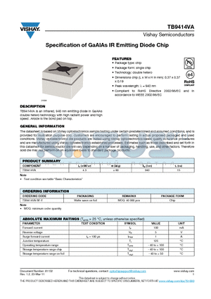 TB9414VA-SF-F datasheet - Specification of GaAlAs IR Emitting Diode Chip
