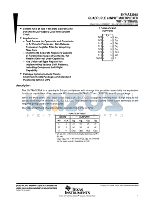 SN74AS298A datasheet - QUADRUPLE 2-INPUT MULTIPLEXER WITH STORAGE