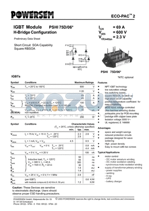 PSHI75D/06 datasheet - IGBT Module H-Bridge Configuration