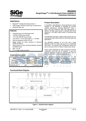 SE2425U-EK1 datasheet - RangeChargerTM 2.4 GHz Bluetooth Power Amplifier IC Preliminary Information
