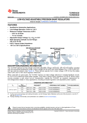 TLVH431A-Q1 datasheet - LOW-VOLTAGE ADJUSTABLE PRECISION SHUNT REGULATORS