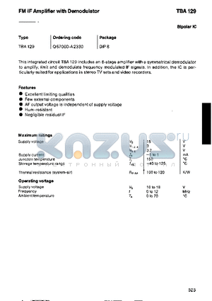 TBA129 datasheet - FM IF AMPLIFIER WITH DEMODULATOR