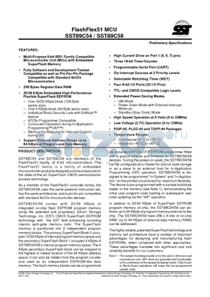 SST89C58-33-AI-PI datasheet - FlashFlex51 MCU