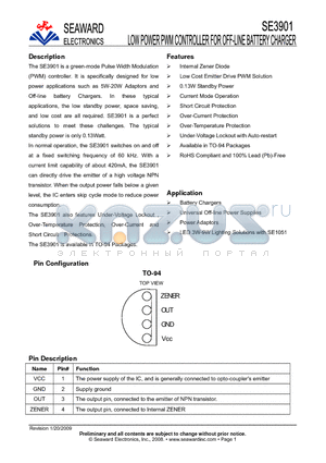 SE3901 datasheet - Low Power PWM Controller for OFF-LINE Battery Charger