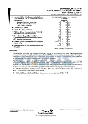 SN74AS850A datasheet - 1 OF 16 DATA SELECTORS/MULTIPLEXERS WITH 3-STATE OUTPUTS