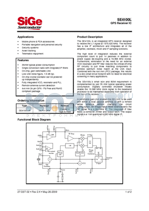 SE4100L-R datasheet - PointCharger GPS Receiver IC Preliminary Information
