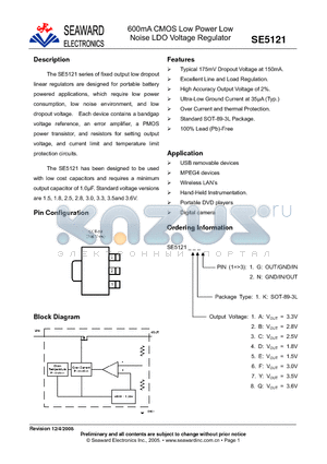 SE5121 datasheet - 600mA CMOS Low Power Low Noise LDO Voltage Regulator