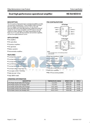 SE5512 datasheet - Dual high-performance operational amplifier