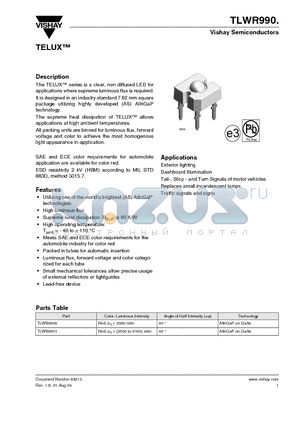 TLWR990 datasheet - Utilizing one of the worlds brightest (AS) AllnGaP clear, non diffused LED