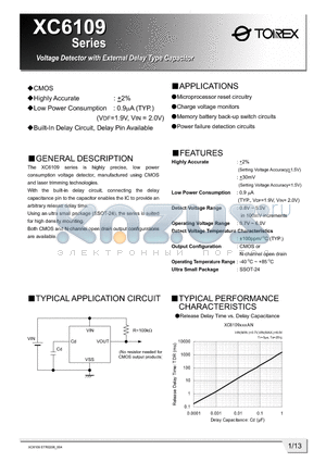XC6109C1XXNX datasheet - Voltage Detector with External Delay Type Capacitor