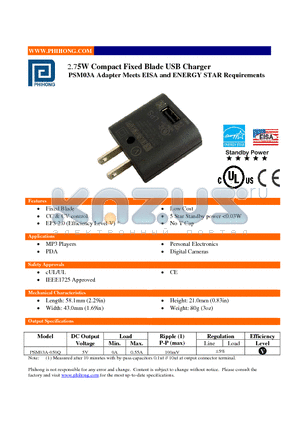 PSM03A-050Q datasheet - 2.75W Compact Fixed Blade USB Charger
