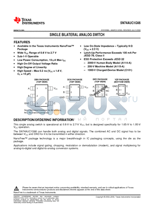 SN74AUC1G66YZPR datasheet - SINGLE BILATERAL ANALOG SWITCH