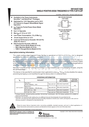 SN74AUC1G80YZAR datasheet - SINGLE POSITIVE-EDGE-TRIGERED D-TYPE FLIP-FLOP