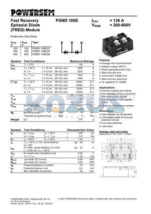 PSMD100E-06 datasheet - Fast Recovery Epitaxial Diode (FRED) Module
