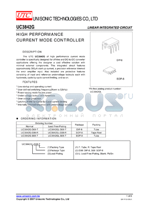 UC3842G-D08-R datasheet - HIGH PERFORMANCE CURRENT MODE CONTROLLER