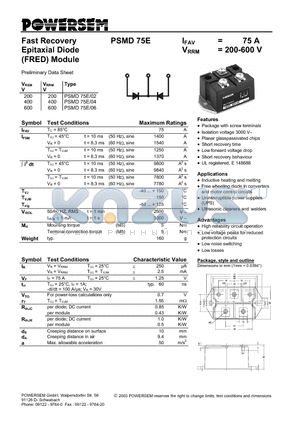 PSMD75E datasheet - Fast Recovery Epitaxial Diode (FRED) Module