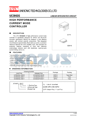 UC3842GL-S08-T datasheet - HIGH PERFORMANCE CURRENT MODE CONTROLLER