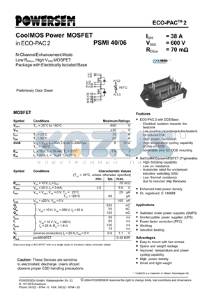 PSMI40/06 datasheet - CoolMOS Power MOSFET