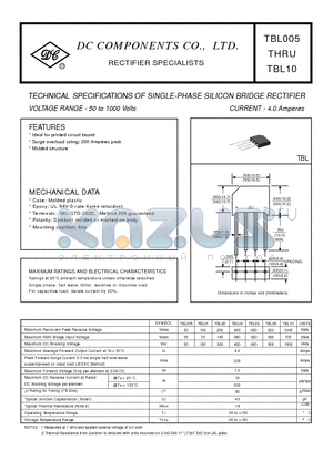 TBL005 datasheet - TECHNICAL SPECIFICATIONS OF SINGLE-PHASE SILICON BRIDGE RECTIFIER VOLTAGE RANGE - 50 to 1000 Volts