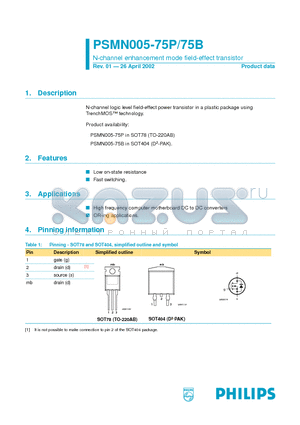 PSMN005-75P datasheet - N-channel logic level field-effect power transistor in a plastic package using TrenchMOS technology.