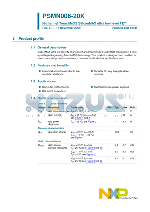 PSMN006-20K datasheet - N-channel TrenchMOS SiliconMAX ultra low level FET