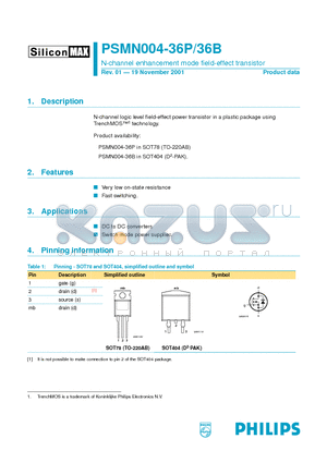 PSMN004-36P datasheet - N-channel enhancement mode field-effect transistor