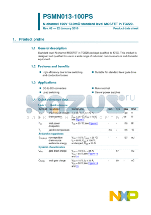 PSMN013-100PS datasheet - N-channel 100V 13.9mY standard level MOSFET in TO220.