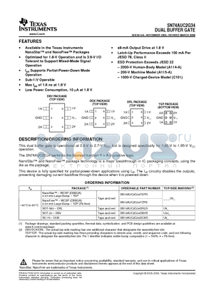 SN74AUC2G34 datasheet - Optimized for 1.8-V Operation and Is 3.6-V I/O Tolerant to Support Mixed-Mode Signal Operation