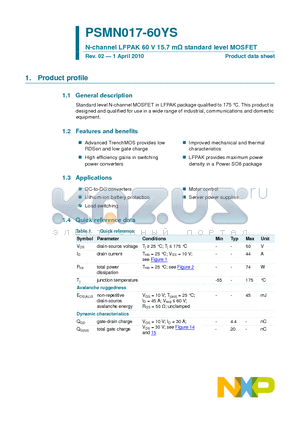 PSMN017-60YS datasheet - N-channel LFPAK 60 V 15.7 mY standard level MOSFET