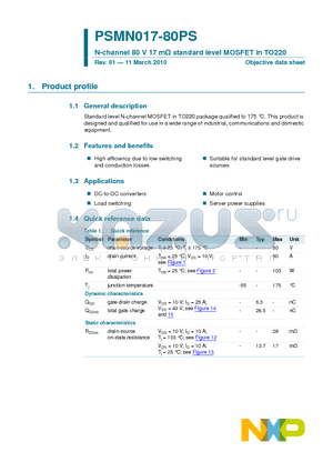 PSMN017-80PS datasheet - N-channel 80 V 17 mY standard level MOSFET in TO220