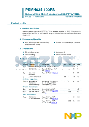 PSMN034-100PS datasheet - N-channel 100 V 34.5 mY standard level MOSFET in TO220.