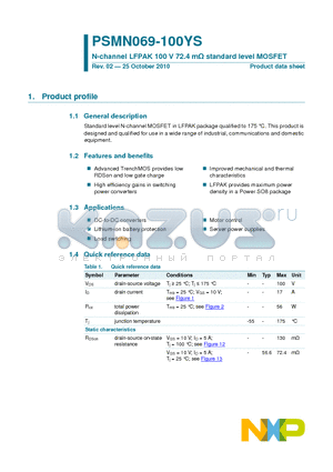 PSMN069-100YS datasheet - N-channel LFPAK 100 V 72.4 mY standard level MOSFET