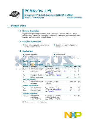 PSMN2R5-30YL datasheet - N-channel 30 V 2.4 mY logic level MOSFET in LFPAK