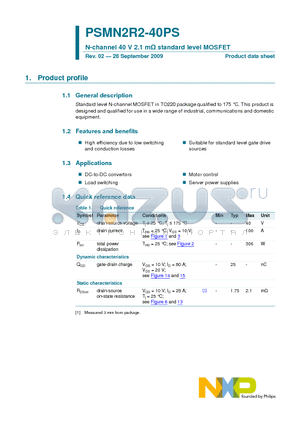 PSMN2R2-40PS datasheet - N-channel 40 V 2.1 mY standard level MOSFET