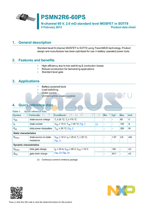 PSMN2R6-60PS datasheet - N-channel 60 V, 2.6 mY standard level MOSFET in SOT78