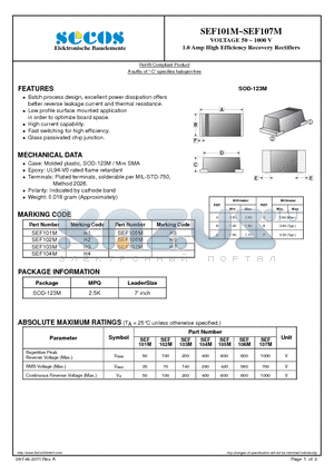 SEF102M datasheet - 1.0 Amp High Efficiency Recovery Rectifiers
