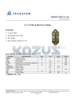 TM053-059-11-36 datasheet - 5.3 - 5.9 GHz 36 dBm Power Module