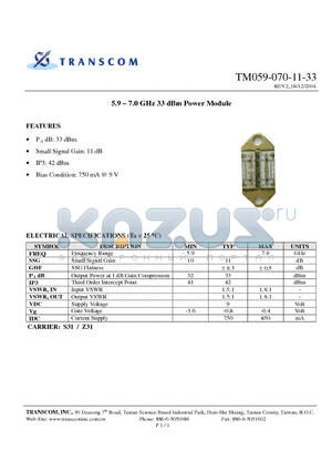 TM059-070-11-33 datasheet - 5.9 - 7.0 GHz 33 dBm Power Module
