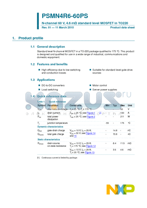 PSMN4R6-60PS datasheet - N-channel 60 V, 4.6 mY standard level MOSFET in TO220