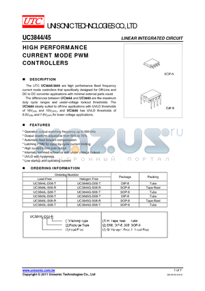 UC3845L-S08-T datasheet - HIGH PERFORMANCE CURRENT MODE PWM CONTROLLERS