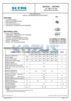 SEF503C datasheet - 50 ~ 1000 V, 5.0 Amp High Efficiency Rectifiers